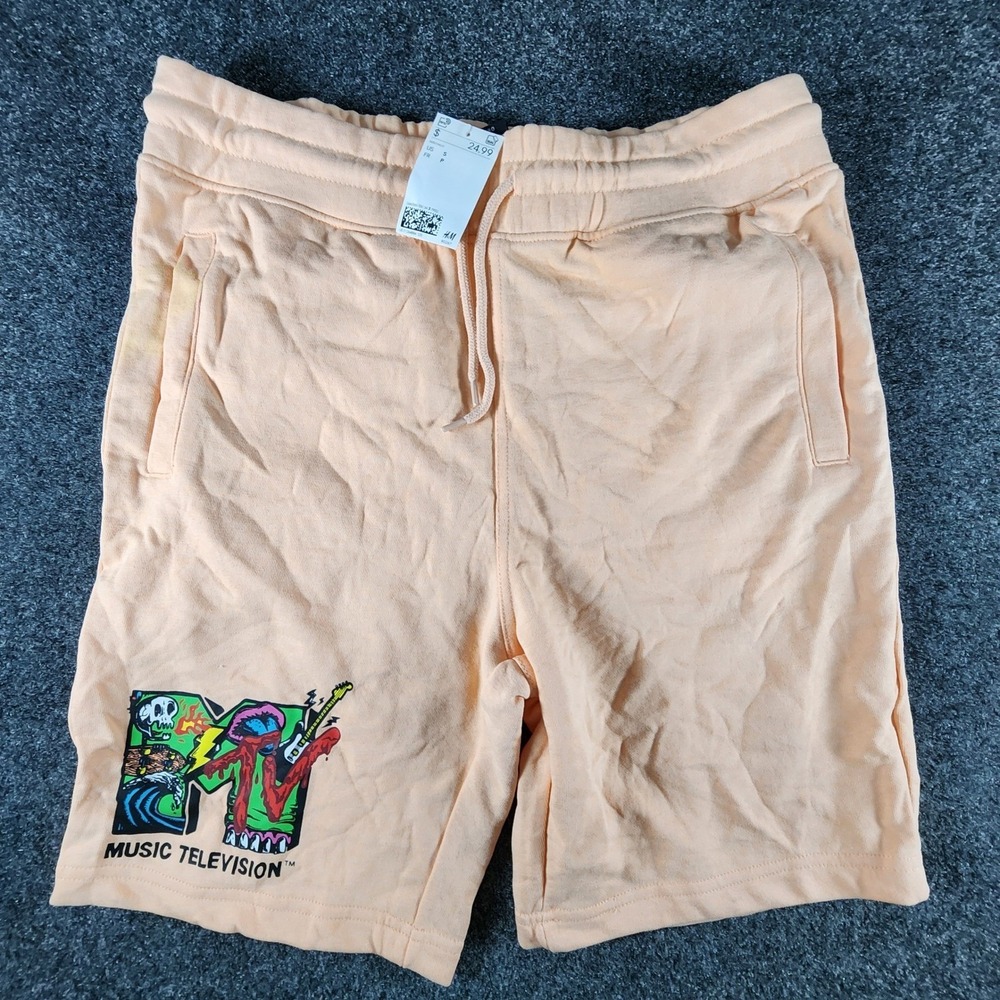 NWT H&M MTV Music Television Graphic Sweat Shorts Mens Medium Peach Regular Fit